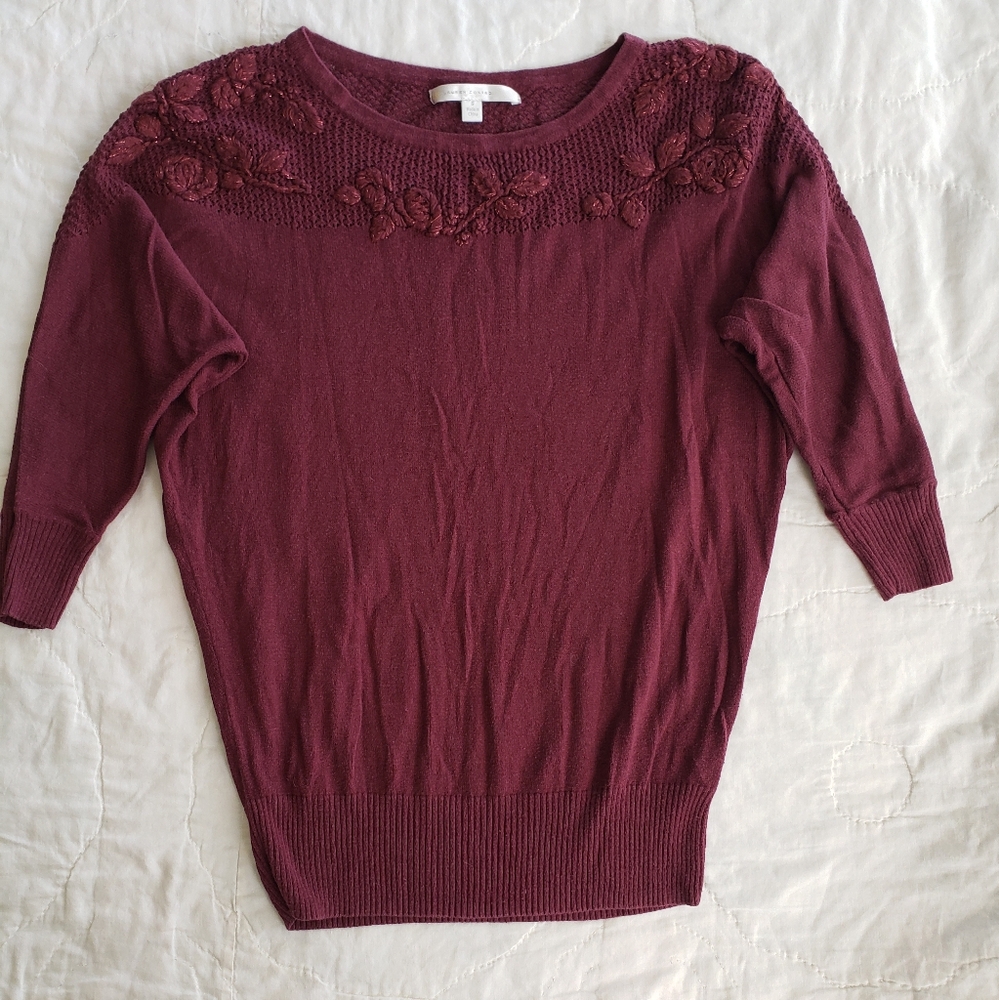 Lauren Conrad Batwing Burgundy Embroidered Knit Sweater – Feminine & Cozy